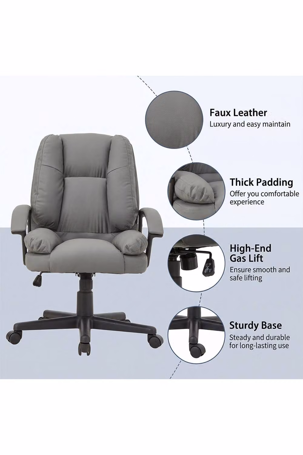 Living and Home Modern Swivel and Height Adjustable Task Office Chair with High Back and Armrests in Dark Grey Synthetic Leather – 2