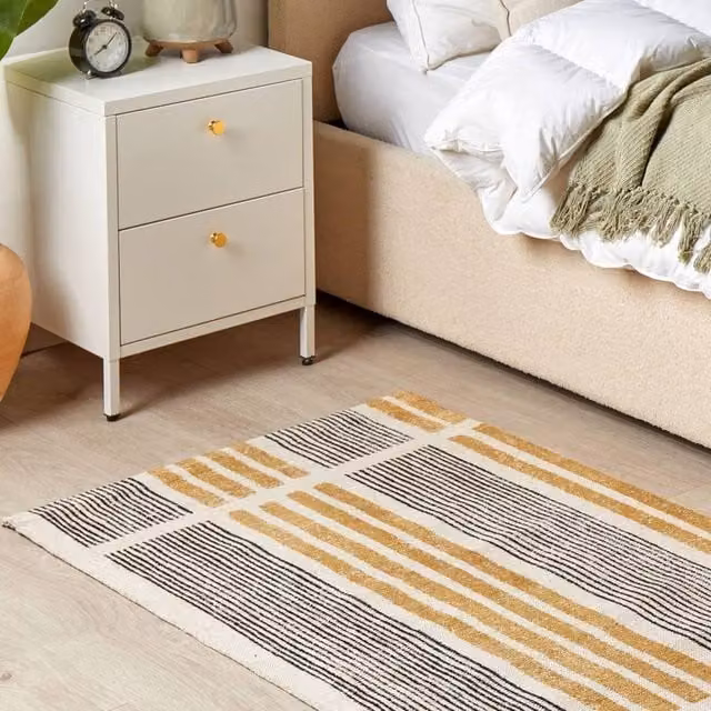Wyld and Coco Cotton Jacquard Striped Rug in Yellow and Black, W: 80 cm, L: 150 cm