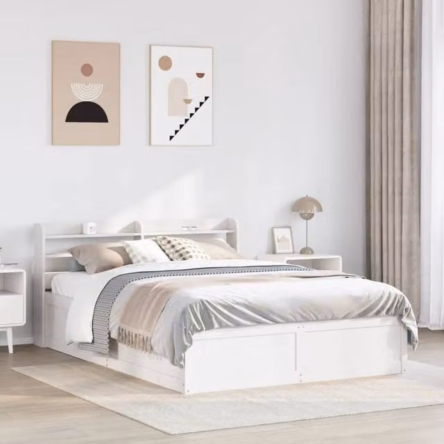 Berkfield Home Sleek White Solid Wood Pine Bed Frame with Headboard and Bedside Shelf, W/D/H: 135 x 190 x 82 cm