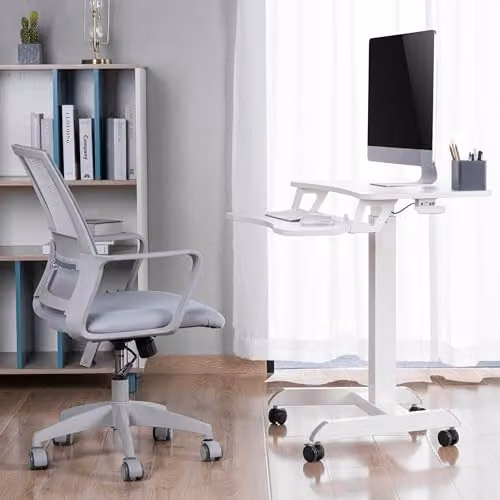 Properav Mobile Two Tier Sit-Stand Desk Workstation with Gas Spring Height Adjustment and Keyboard Tray, White, W: 80 cm, D: 40 cm – 6