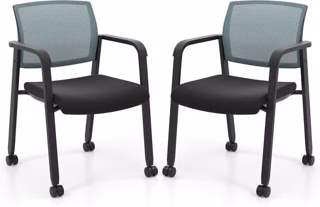 Gymax Set of 2 Stackable Grey Mesh Office Guest Chairs with Armrests – 1