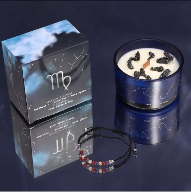 KDMD Virgo Zodiac Crystal Candle and Gemstone Bracelet Set with Oud Fragrance in Blue