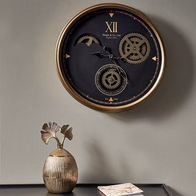 Pacific Lifestyle Industrial Retro Metal Working Cogs Round Analog Wall Clock in Black and Champagne