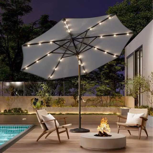 Breeins Lighted Garden Parasol with Crank Lift and Resin Base in Light Grey