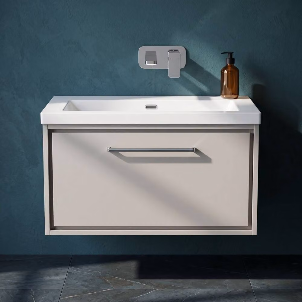 Balterley Wall Hung Modern Bathroom Vanity Unit with Soft Close Single Drawer and Fireclay Basin in Matt Grey, W/D/H: 81.3 x 46.2 x 47.6 cm – 2