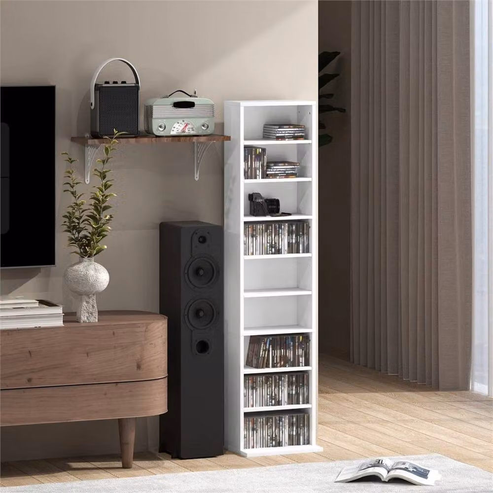 Nordara 260 CD Storage Unit White Media Tower with Adjustable Shelves and Media Compartments – 4