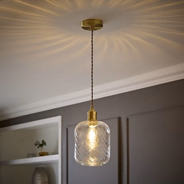 ValueLights Emery Swirl Glass Cylinder Diner Ceiling Light in Gold and Transparent, Diameter: 17 cm