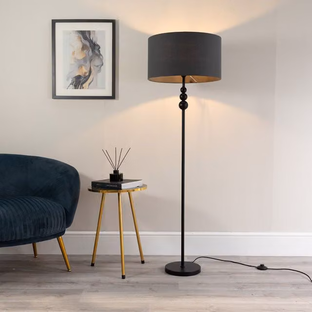ValueLights Matt Black Stacked Ball Floor Lamp with Charcoal Grey Fabric Drum Shade and LED Bulb