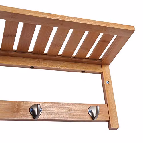 HOMCOM Wall Mounted Bamboo Coat Rack with 4 Hooks, Rail and Storage Shelf in Brown – 3