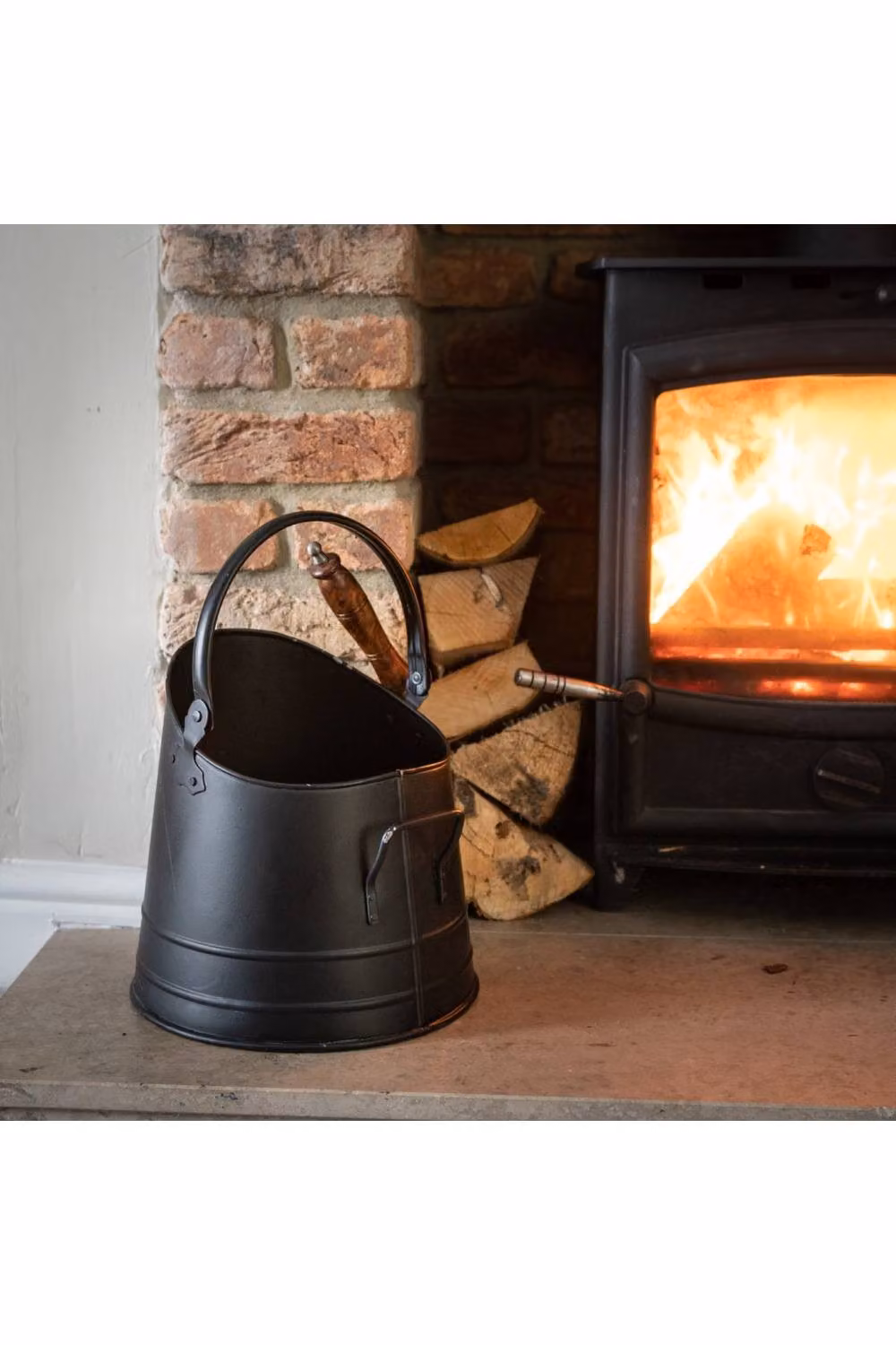 KDMD Black Steel Coal Bucket with Teak Wood Handle Shovel Fire Tool Set – 3