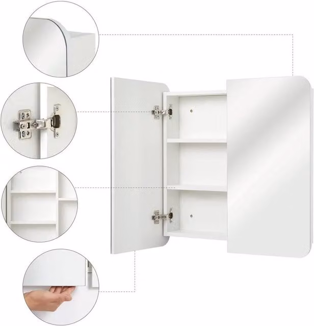 FORGEVIO Mondeer White Glossy Mirrored Bathroom Cabinet with Glass Hinged Doors and Internal Shelves