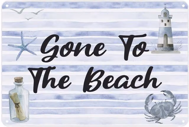 Purely Home Gone To The Beach Landscape Metal Wall Plaque in Blue and White