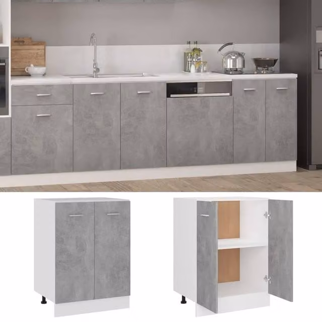 Berkfield Home Modern Grey Kitchen Base Unit with Hinged Doors and Internal Shelves, W/D/H: 60 x 46 x 81.5 cm