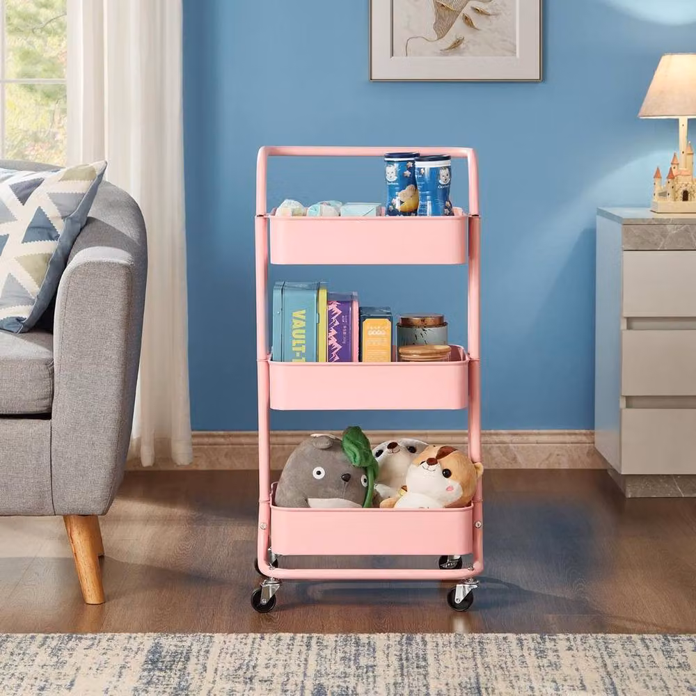 FORGEVIO Multi-Purpose Metal Storage Trolley Cart with Trays and Wheels, Pink – 2