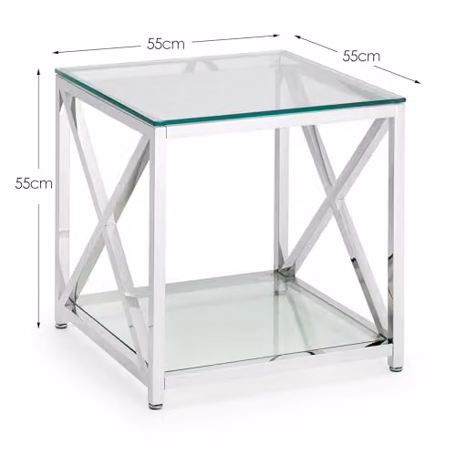 Julian Bowen Miami Glass Top Lamp Table with Silver X-Frame and Shelf, W: 40.0 cm, D: 40.0 cm, H: 78.0 cm – 2