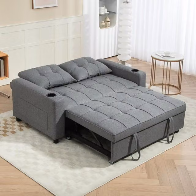 Chilli Seating Grey Fabric Two-Seater Click Clack Pull Out Sofa Bed with Cup Holders