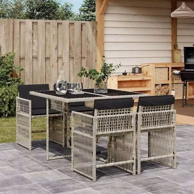 Berkfield Home 5 Piece Grey Poly Rattan Garden Dining Set with Cushions and Glass Table