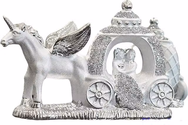 DEENZ Silver Crushed Diamond Unicorn and Carriage Couple Tabletop Ornament