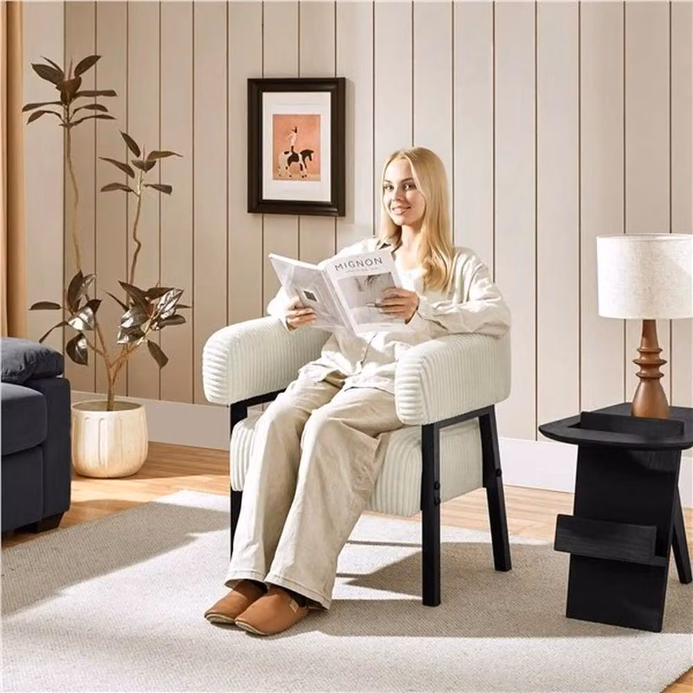 KORVIXA Upholstered Corduroy Barrel Accent Chair in White, W/D/H: 100 x 100 x 69 cm – 3