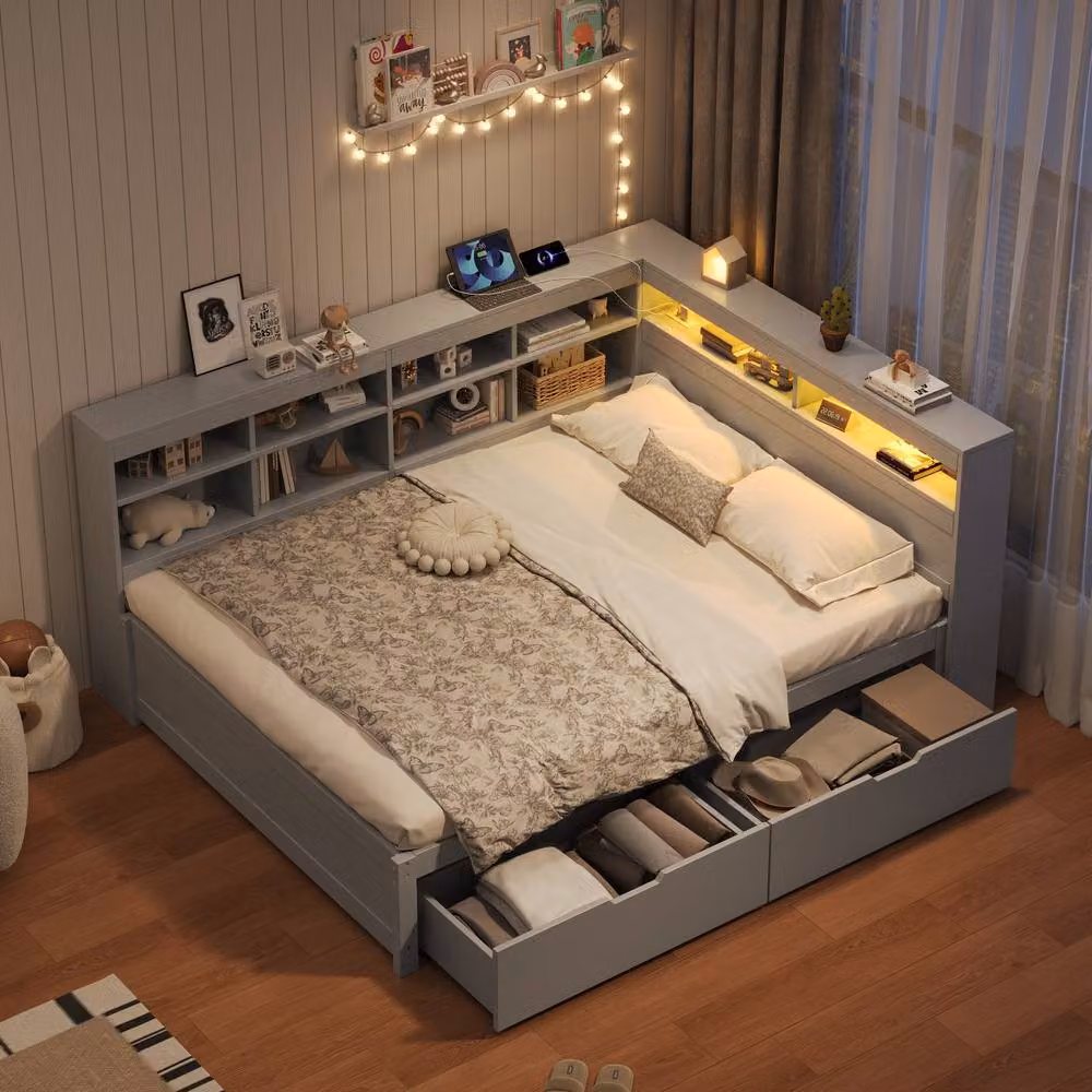 Rolipo Grey Double Bed with LED Lights, Storage Drawers and USB Charging Station, W/D/H: 140 x 200 cm – 2