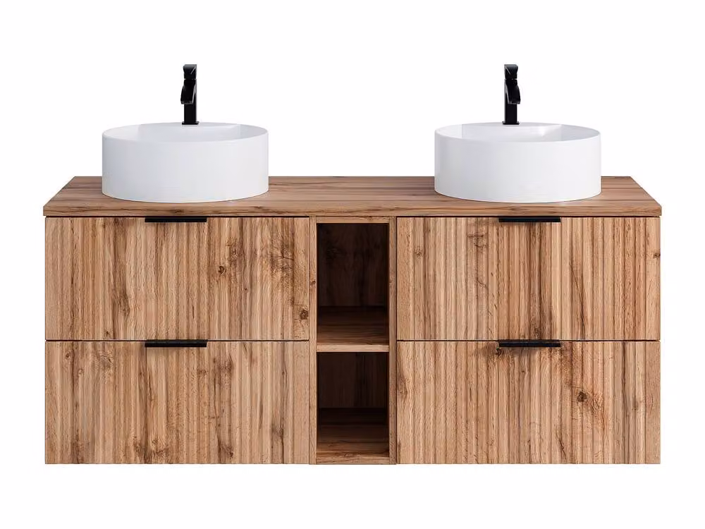 Vente-unique Striped Floating Bathroom Vanity Unit with Niches and Double Round Sinks in Light Oak Brown, W/D/H: 140 x 46 x 57 cm – 2