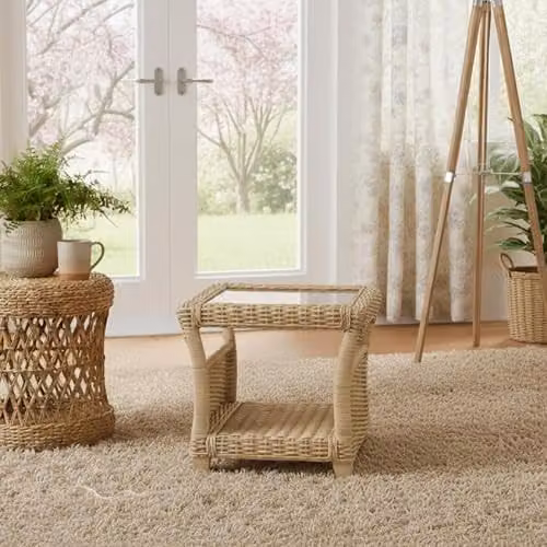 Desser Arlington Wicker Side Table with Glass Top and Storage Shelf in Beige, H57 x W59 x D59 cm – 3