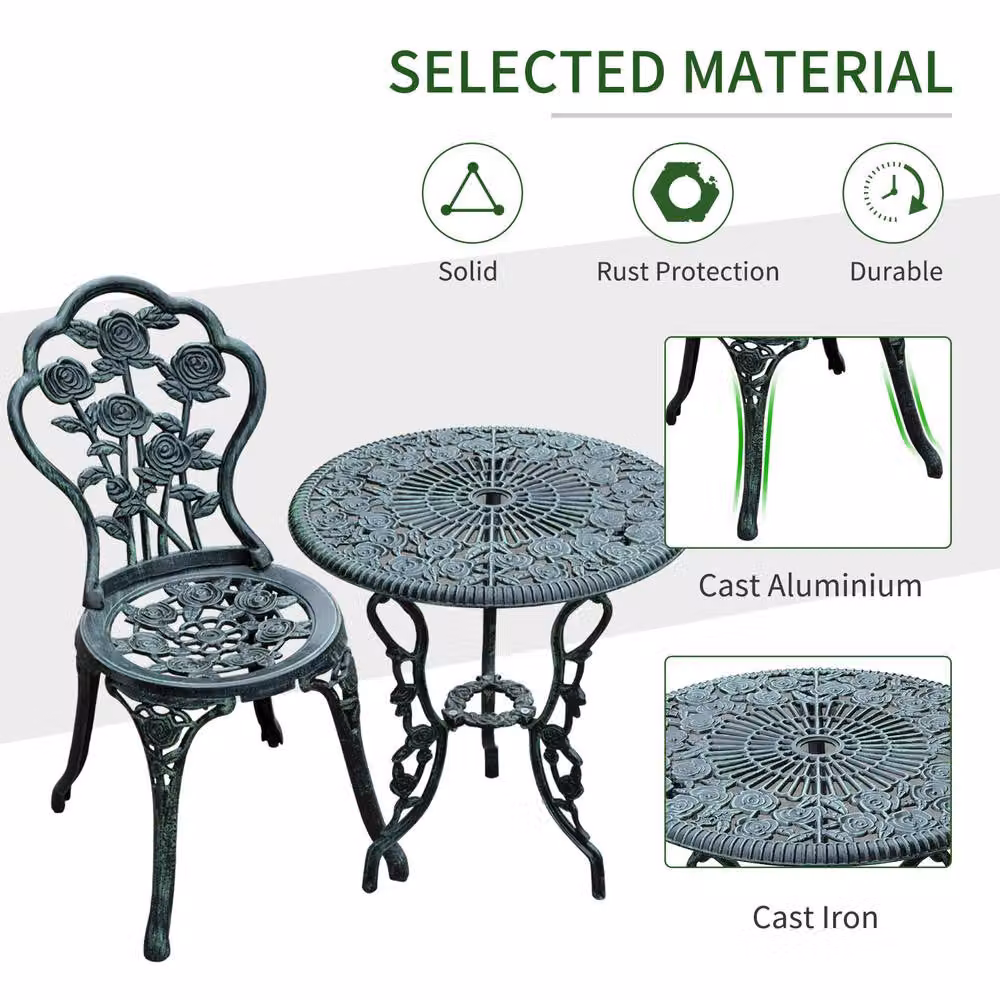 Matteo Elegant Floral Design Cast Aluminium Bistro Set with Table and 2 Chairs in Green – 4