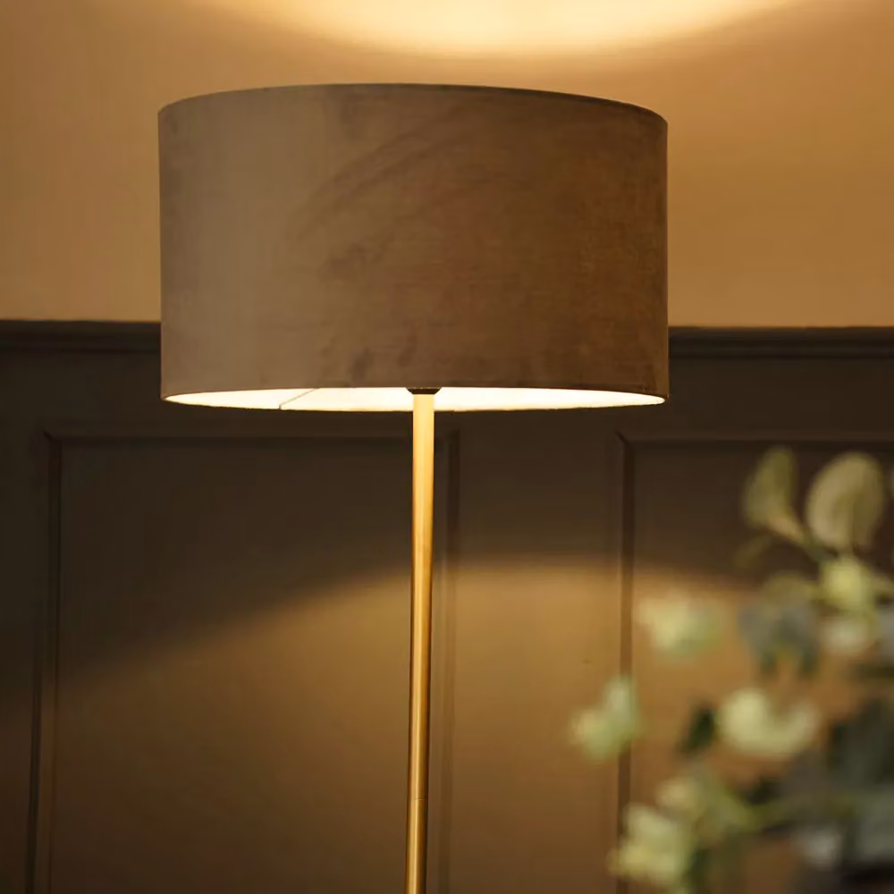 ValueLights Tavel Brushed Gold Floor Lamp with Grey Velvet Shade – 3