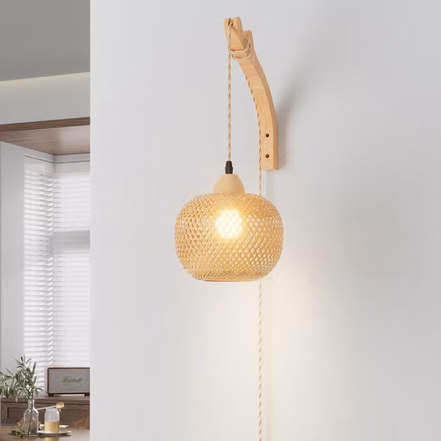 Lifeideas Rustic Bamboo Lampshade Wall Light in Brown with Warm White Glow