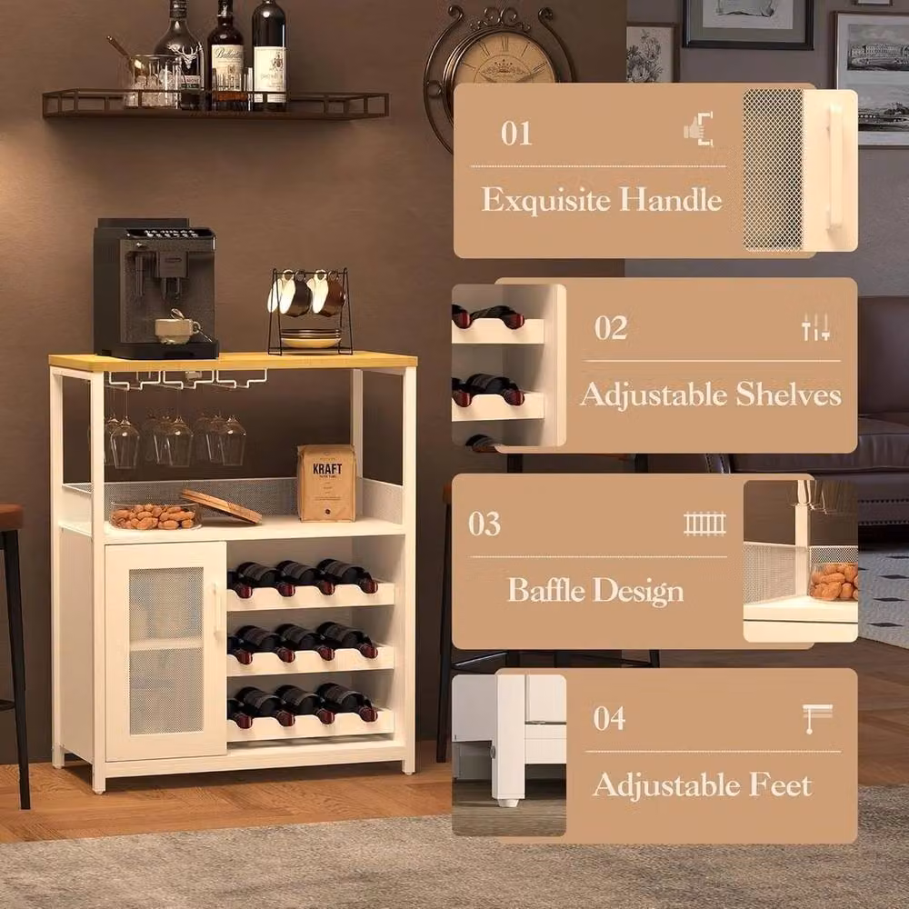 KORVIXA 3 Tier Wine Bar Cabinet with Glass Rack and Storage Shelves in White – 4