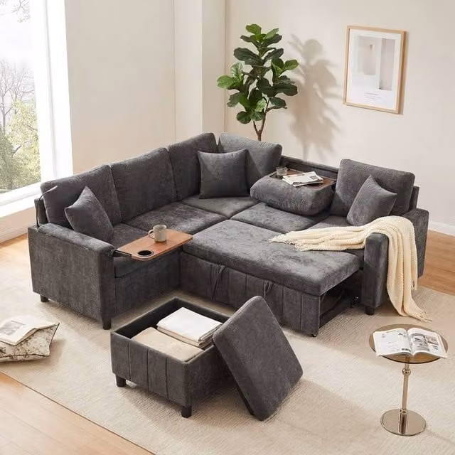 STILVORA Reversible L-Shape Corner Sofa Bed in Grey with USB, Type-C Charging and Matching Storage Ottoman
