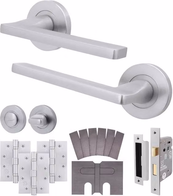 AFIT Satin Chrome Fire Door Handle Bathroom Set with Latch Lock in Silver – 1