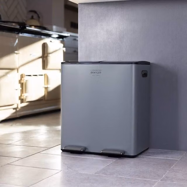Charles Bentley 40 Litre Double Compartment Grey Pedal Kitchen Bin with Removable Inner Buckets and Soft Close Function, H 51.5 x W 46 x D 36 cm