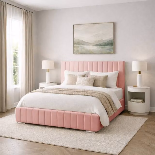 Desire Deco Pink Plush Velvet Upholstered Bed Frame, Super King