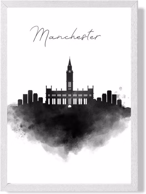 ARTZE Manchester Watercolour Skyline City Framed Print, Black and White, A3