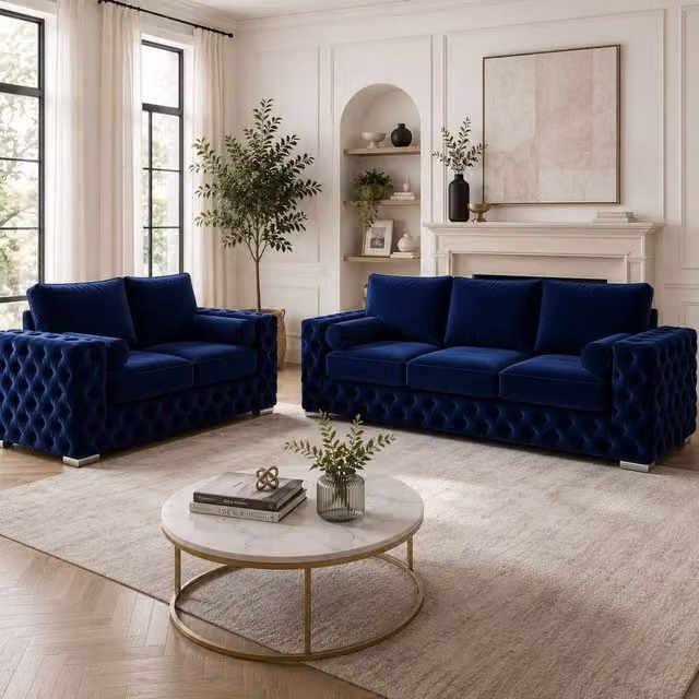 Stratus Interiors Ashley Full Back Chesterfield Upholstered Fabric 2 and 3 Seater Sofa Set in Navy Blue