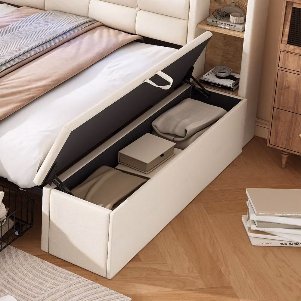 ModernLuxe Upholstered Double Bed in Beige with Storage Drawers, LED Lighting and USB Charging Port, W/D/H: 140 x 190 x 111 cm – 5