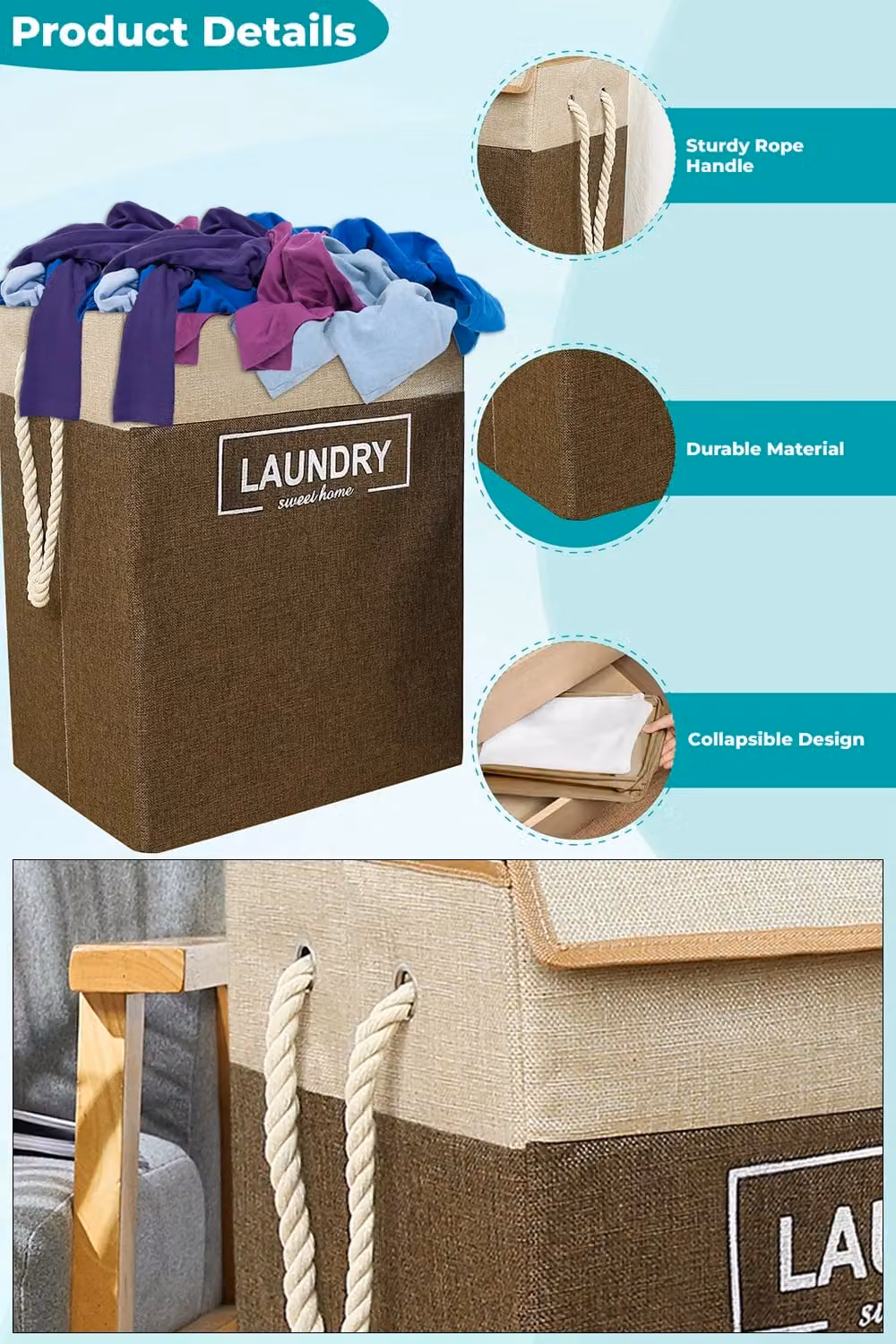 Neel Blue Collapsible 70L Laundry Basket with Flip Lid and Handles in Brown – 2