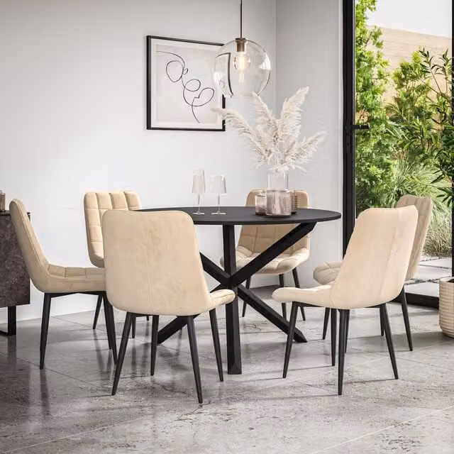 More4Homes Malvern Round Dining Table and 6 Nova Velvet Dining Chairs Set, Black Table Top with Solid Oak Black Legs and Beige Chairs, Diameter: 120 cm, Height: 75 cm – 1