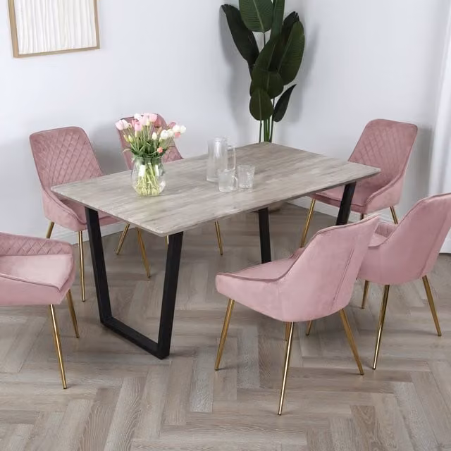 Home Garden Direct Hamilton Dining Set with Wood-Effect Rectangular Table and 6 Pink Velvet Chairs with Gold Legs