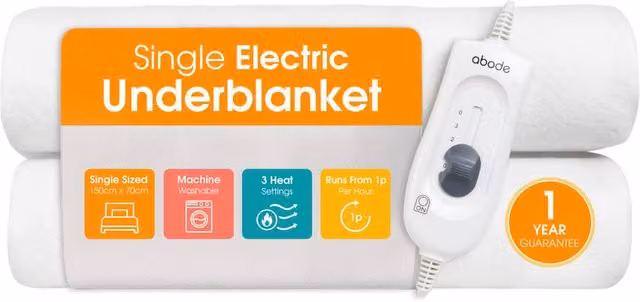 Abode Single Electric Blanket 60W in White with 3 Heat Settings and Detachable Controls, W/D/H: 90 x 200 cm