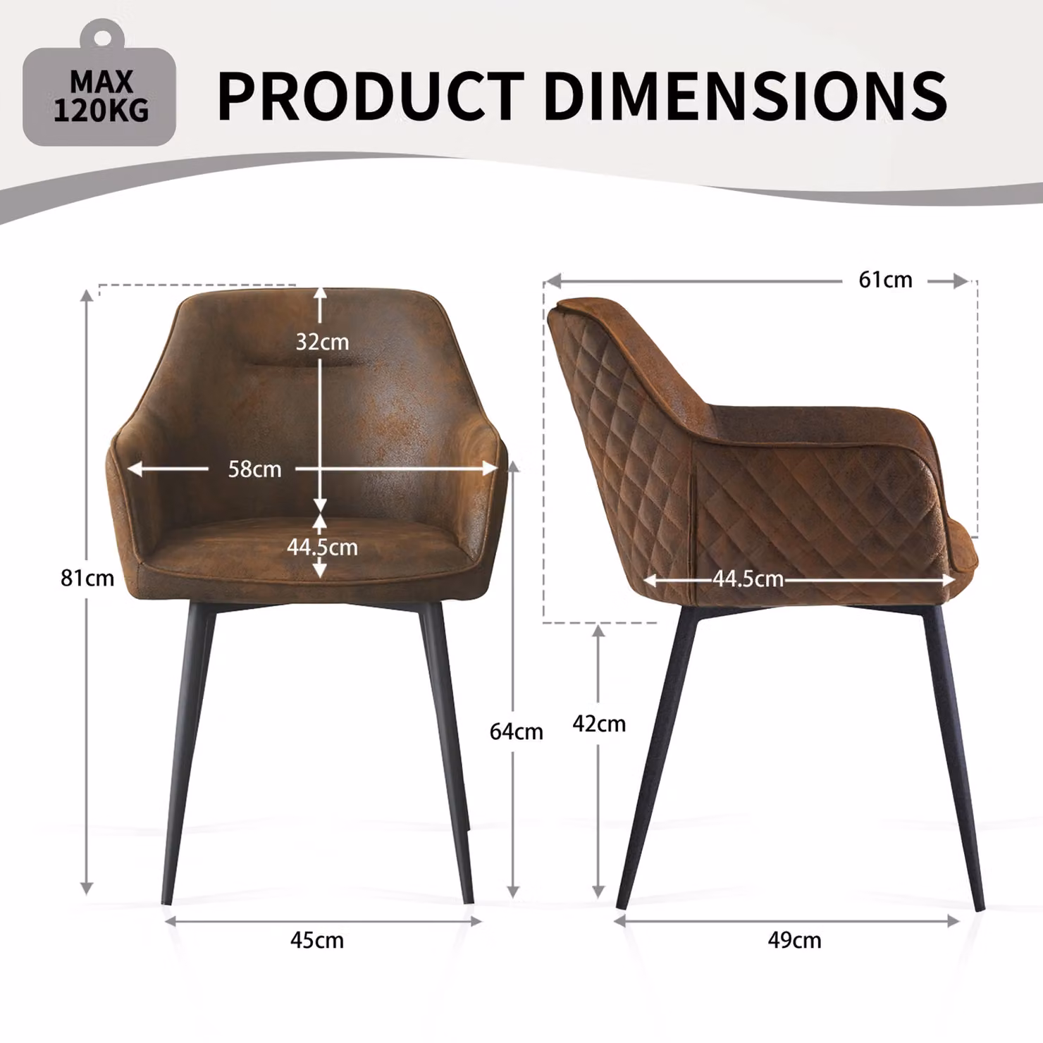 SONARA Set of 4 Modern Brown Faux Suede Dining Chairs with Armrests and Metal Legs – 2