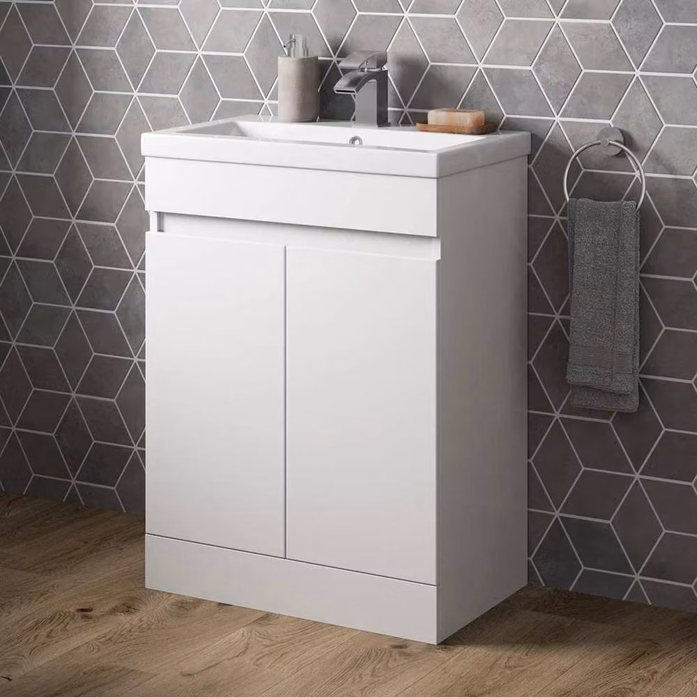 FORGEVIO White Glossy Freestanding Bathroom Vanity Unit with Basin and Soft-Close Hinged Doors, W: 60 cm, D: 38.5 cm, H: 80 cm – 2