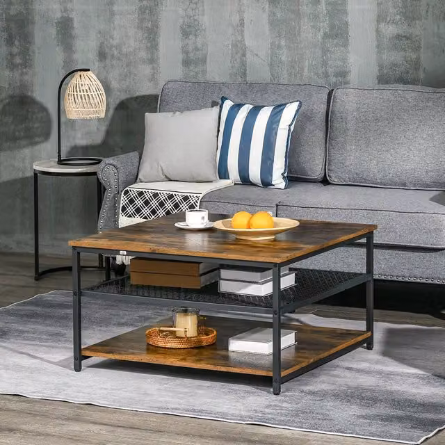 STILVORA Industrial Coffee Table with 3-Tier Wood and Metal Storage Shelves in Brown and Black