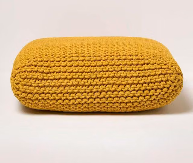 Homescapes Square Cotton Knitted Pouffe Floor Cushion in Yellow