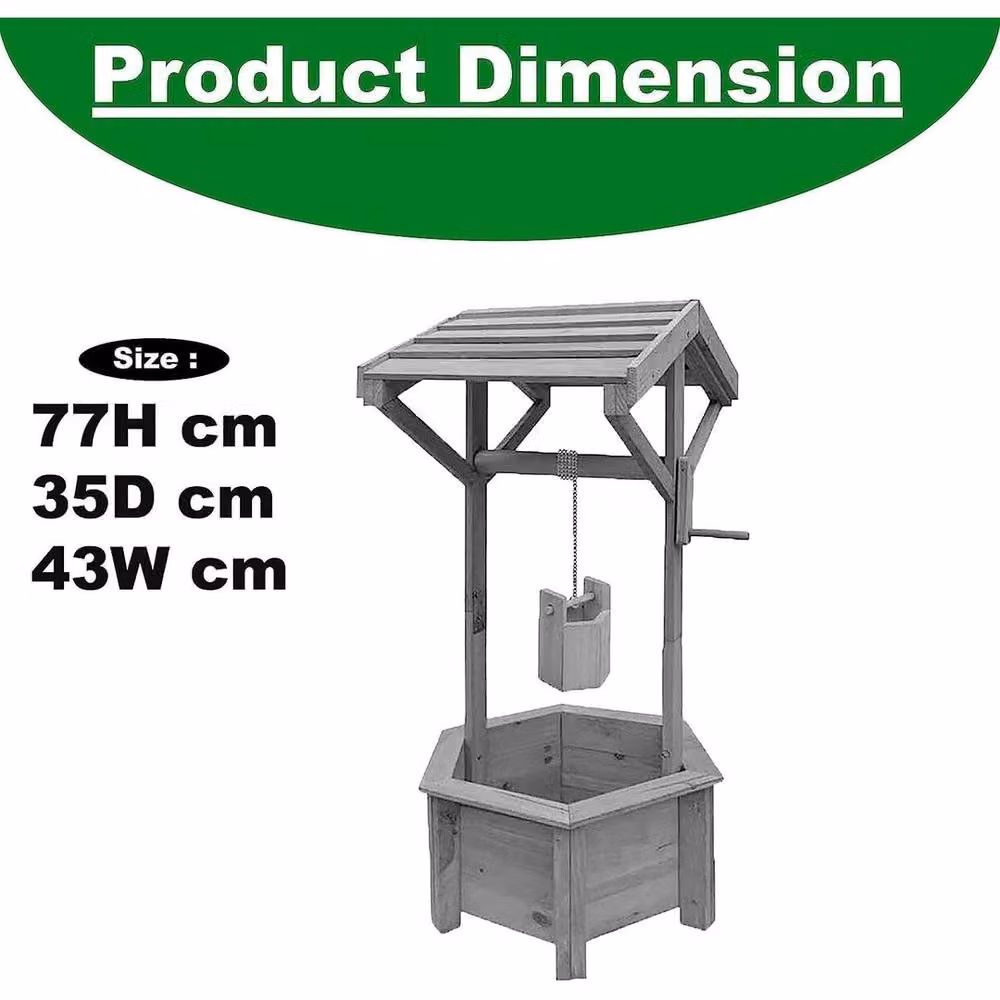 Kelvenix Wooden Wishing Well Planter with Hanging Bucket in Grey, W/D/H: 43.0 x 35.0 x 77.0 cm – 2