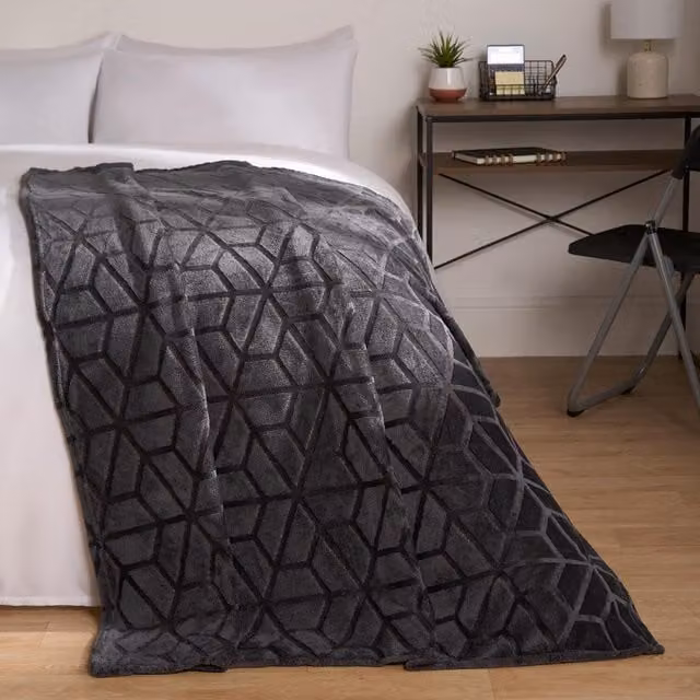 OHS Geo Embossed Flannel Fleece Throw in Charcoal Grey