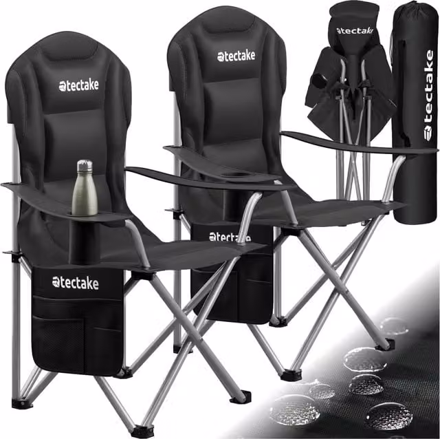 tectake Padded Foldable Camping Chair with Armrests and Cup Holders in Black