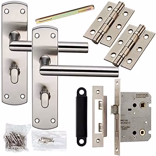 Loops Door Handle and Bathroom Lock Pack in Satin Nickel with Mitred Round Bar Backplate