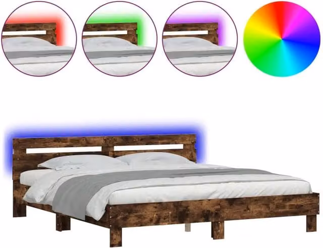 Berkfield Home Modern Bed Frame with LED Under-Bed Lighting and USB Charging Port in Smoked Oak Brown, W/D/H: 200 x 200 cm